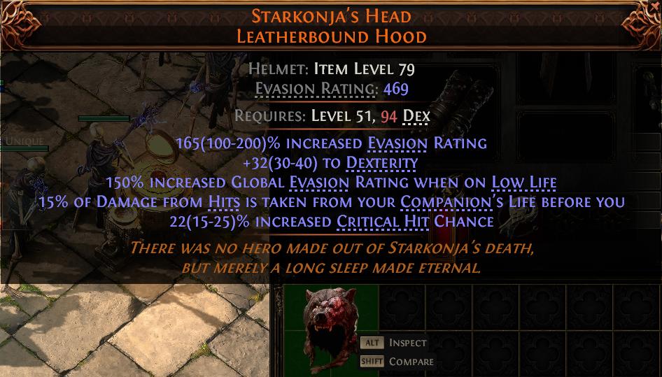 MMOJUGG Path of Exile 2 STARKONJA'S HEAD LEATHERBOUND HOOD#948532 Detalles de función y uso del objeto